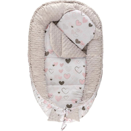 Harmo Babynestchen mit Minky-Kissen Graue Herzen