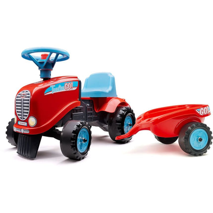 FALK Rutschfahrzeug Traktor Go Farm rot mit Lenkrad und Anhänger mit Ladefläche