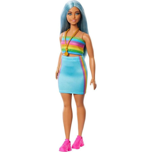 Barbie Modelin türkiser Rock und Top mit Regenbogen