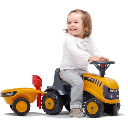 FALK Rutschtraktor Traktor JCB gelb mit Lenkrad und Kippanhänger