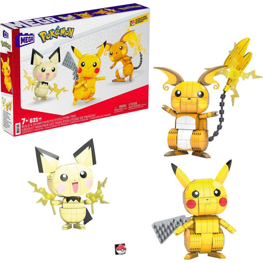 MEGA Baue und stelle Pikachu und sein Entwicklungs-Trio aus Pokémon zusammen
