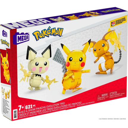 MEGA Baue und stelle Pikachu und sein Entwicklungs-Trio aus Pokémon zusammen
