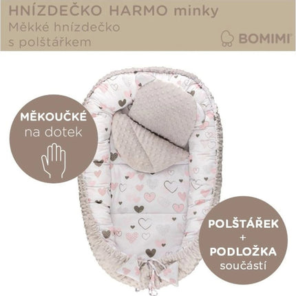 Harmo Babynestchen mit Minky-Kissen Graue Herzen