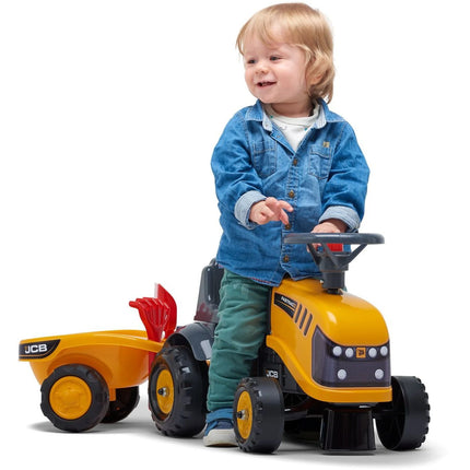 FALK Rutschtraktor Traktor JCB gelb mit Lenkrad und Kippanhänger