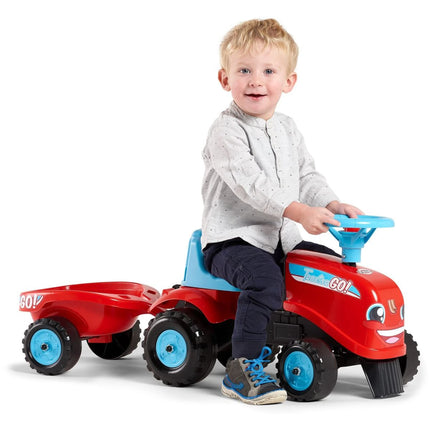 FALK Rutschfahrzeug Traktor Go Farm rot mit Lenkrad und Anhänger mit Ladefläche
