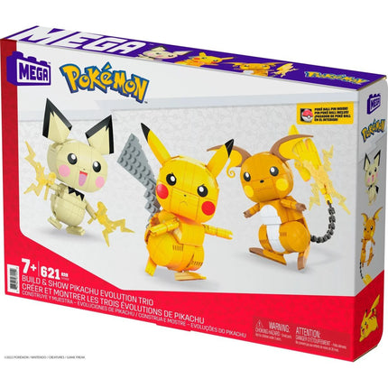 MEGA Baue und stelle Pikachu und sein Entwicklungs-Trio aus Pokémon zusammen