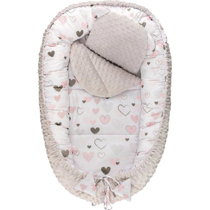 Harmo Babynestchen mit Minky-Kissen Graue Herzen